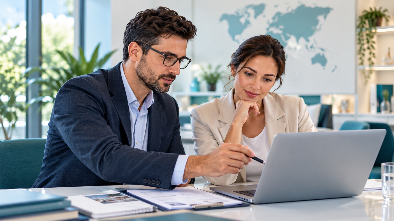 Two professionals reviewing clinic information together on a laptop